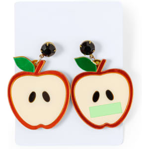 Kely Earrings in the shape of red apples, featuring green leaves and black studs on a white display card.