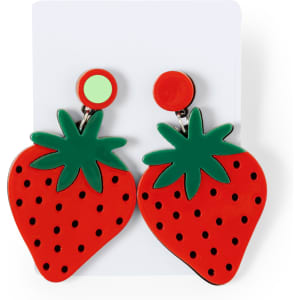 Bright red strawberry-shaped earrings with green leaf and black polka dots, featuring a circular red top.