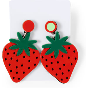 Red strawberry-shaped earrings with green leaves and black dots, displayed on a white backing.