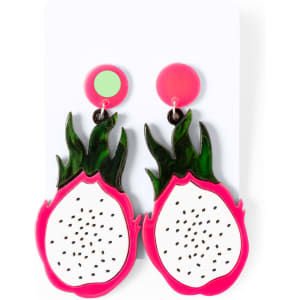 A pair of vibrant pink and green Kely Earrings shaped like a dragon fruit, featuring intricate details and a playful design.