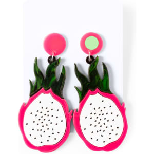 Kely Earrings featuring bright pink and green colours, designed in the shape of a dragon fruit slice.