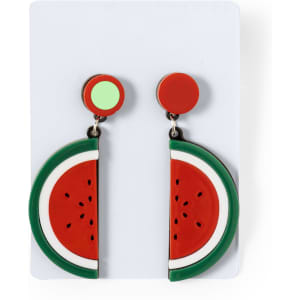 Kely Earrings featuring bold red, green, and white colours in a playful watermelon design, presented on a card.