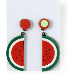 Kely Earrings featuring a watermelon design in red, green, and white, displayed on a card with a logo.