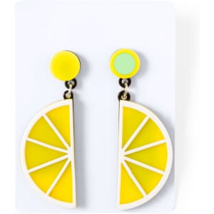 Dangle earrings featuring a yellow lemon slice design with a mint green accent. Includes a branding logo.