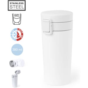A drink bottle made of stainless steel, double-walled, with a white finish and a secure lid. Holds 380 ml.