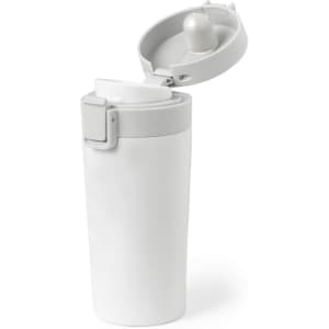 An insulated cup in white with a grey lid, featuring a logo on the side and an open top for drinking.