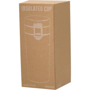 A drink bottle in a cardboard box, featuring an insulated design and black colour. The box has a logo.