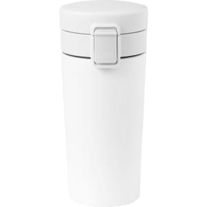 A drink bottle in white, featuring a secure lid and a logo, designed for insulation and portability.