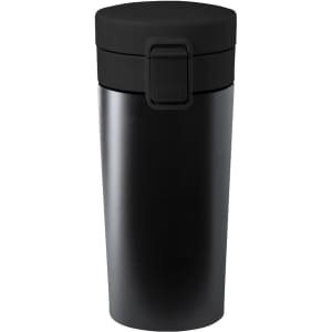 A drink bottle in a sleek black finish with a lid, featuring a secure fastening and a modern design.