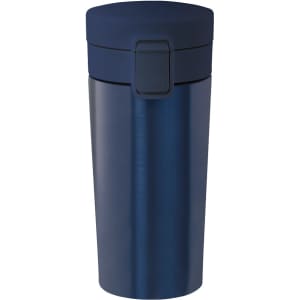 A drink bottle in navy blue with a secure lid and sleek, insulated body, featuring a logo.