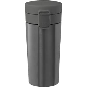 A drink bottle in a sleek matte grey finish with a secure lid and built-in clip. It features a logo.