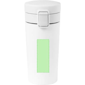 A drink bottle in white, featuring a mint green section, with a lid and a branding logo.