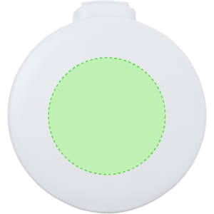 A drink bottle in white with a round green design feature and a top cap. It has a logo on the surface.