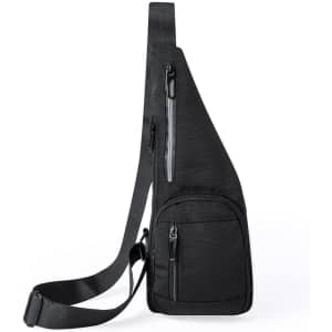 A black shoulder bag featuring a sleek design, multiple zippered pockets, and an adjustable strap.