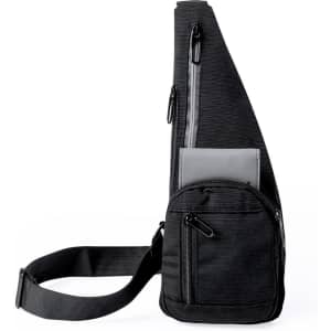 A black Fadaok shoulder bag with multiple zippered pockets and an adjustable strap. It features a sleek, modern design.