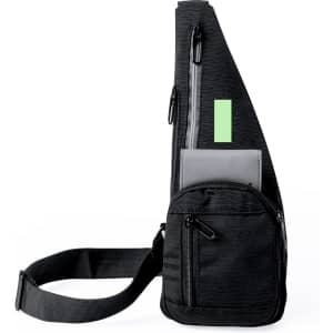 A black Fadaok shoulder bag featuring multiple zippered compartments and a front pocket. It includes a branding logo.
