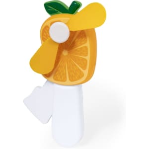 A handheld fan shaped like an orange slice, featuring yellow propellers and a white handle. It has a logo on the design.