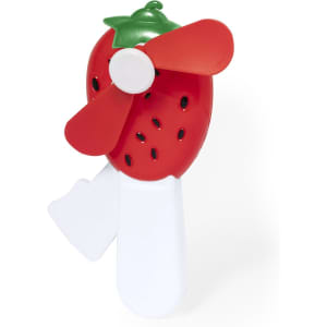 A strawberry-shaped handheld fan in red and white, featuring a green leaf and a small propeller.
