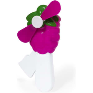 A pink and white handheld fan shaped like a fruit, featuring green leaves and a small propeller.
