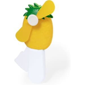 A yellow pineapple-shaped fan with green accents, featuring white handle and propeller blades.