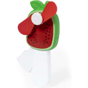 A small watermelon-shaped fan in green and red, featuring a white handle. It has a playful design with a propeller.