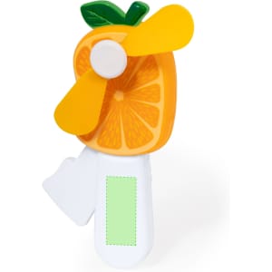 A handheld fan with a bright orange fruit design and yellow blades, featuring a white handle and a green accent.