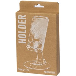 A black phone holder is displayed in a cardboard packaging with a simple design and a visible logo.