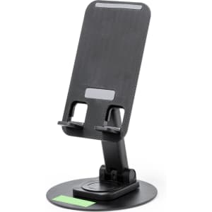 A black phone stand with a textured surface, featuring a base for stability and adjustable grips for device support.