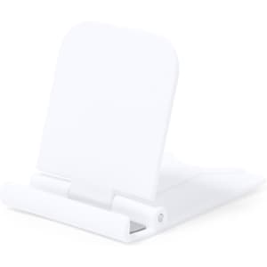 A white phone stand with a sleek design, featuring a foldable base and an adjustable back.