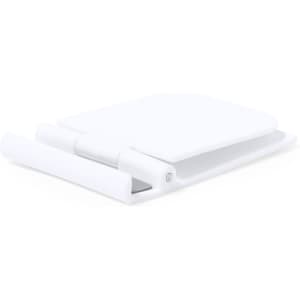 A white phone stand with a sleek, compact design featuring a foldable structure. It has a logo on it.