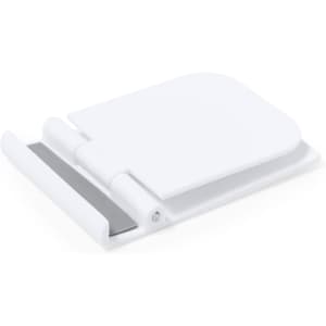 A white phone stand with a folding design, featuring a smooth surface and a metal support piece.