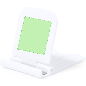 A white phone stand with a square holder and a foldable design. It features a branding logo.