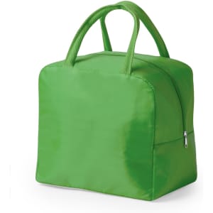 A green cooler bag with a zip closure and two handles, featuring a simple design.