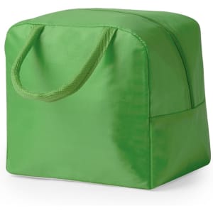 A green cooler bag with a zipped top and dual handles, featuring a plain design and sturdy shape.