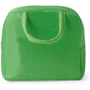 A green cooler bag with two handles and a smooth exterior, featuring a logo on one side.