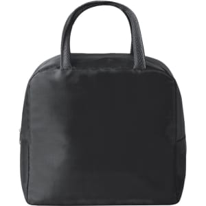 A black cooler bag with textured grey handles and a zip closure, featuring a simple design and one logo.