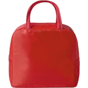 A red cooler bag with two handles, featuring a simple design and a zip closure. It has a logo on its surface.
