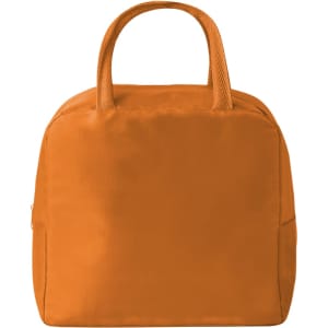 An orange cooler bag with two handles and a smooth exterior. It features a logo on the front.