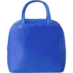 A blue cooler bag with a rectangular shape and two handles, featuring a logo on one side.