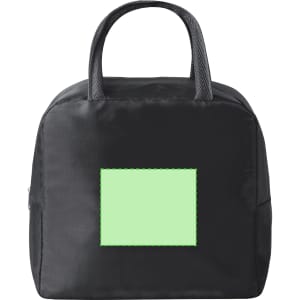 A black cooler bag with grey handles and a blank square patch on the front. It has a logo on the side.