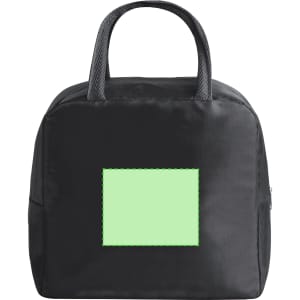 A black cooler bag with grey handles, featuring a square area for branding or logo placement.
