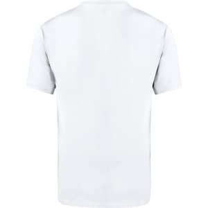 A plain adult white t-shirt with a round neck, featuring a logo on the back.