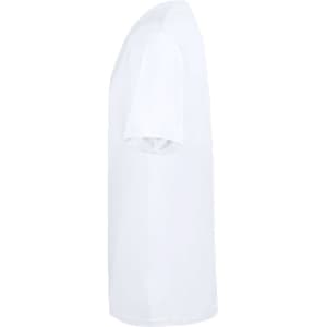 A white adult t-shirt with short sleeves, featuring a logo on the side.