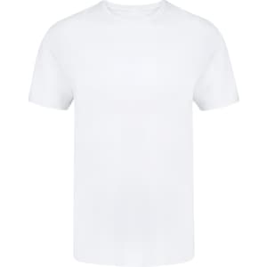 A plain white adult T-shirt with a round neckline and short sleeves, featuring a logo.