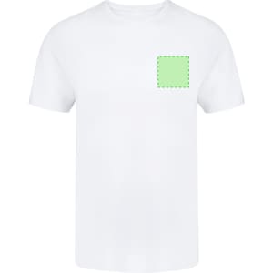 A white adult T-shirt featuring a green square patch on the front and a logo on the chest area.