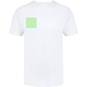 A white adult t-shirt featuring a square green patch on the left side and has a logo.