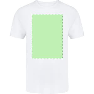 A white adult t-shirt featuring a blank green rectangle design area and a logo on the front.