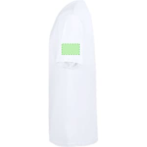 A white adult t-shirt with a blank green patch on the sleeve and a simple design.