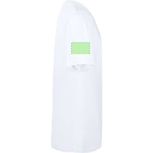 A white adult T-shirt with short sleeves and a patch on the left sleeve. It features a logo or branding.