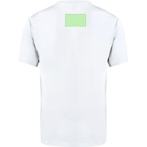 A plain adult white T-shirt with a rectangular area on the back for branding or design.